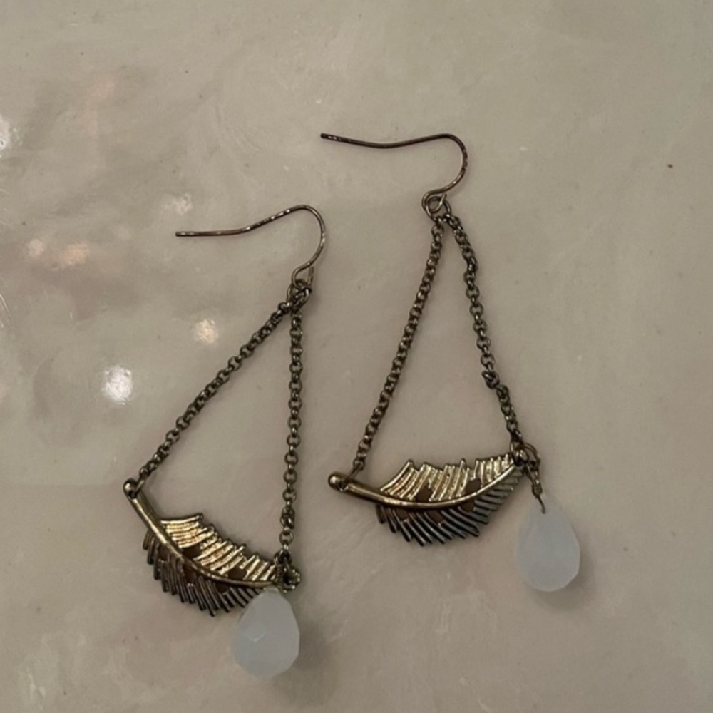 Elegant Feather Drop Gold and White Drop Earrings